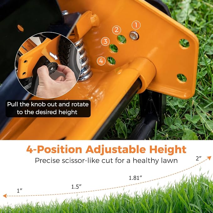 16" Manual Rear Mower, Push Lawn Mower with 5 Steel Blades, Adjustable Cutting Heights & Grass Catcher Bag, Walk-Behind Grass Cutter Lawn Sweeper for Garden, Park & Yard (Orange) - Image 4