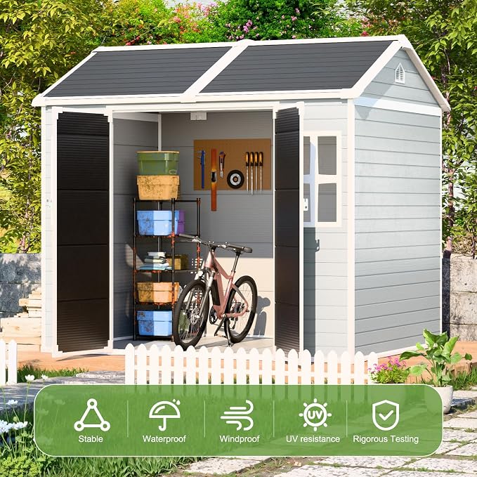 8x6x7 FT Resin Storage Shed, Waterproof Outdoor Sheds w/Floor Included, 2 Windows, Double Lockable Doors & Vents,Outside Plastic Tool Sheds for Garden, Lawn, Backyard, Poolside - Image 4