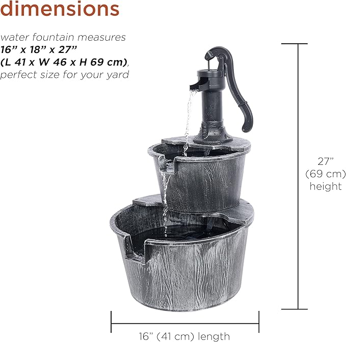 Alpine Corporation 27" Tall Rustic Outdoor 2-Tier Barrel Pump Water Fountain with Soothing Cascading Water Flow for Patio, Yard, Porch, or Landscape, Gray