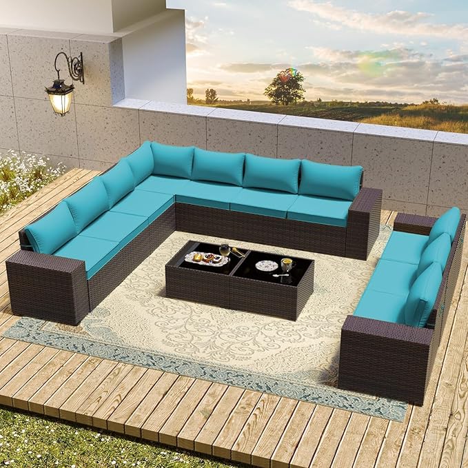 12 PCS Outdoor Patio Furniture Set,Outdoor Sectional Furniture All Weather PE Rattan Wicker Patio Conversation Set with 2 Coffee Tables and 10 Thickened Cushions,Turquoise Blue