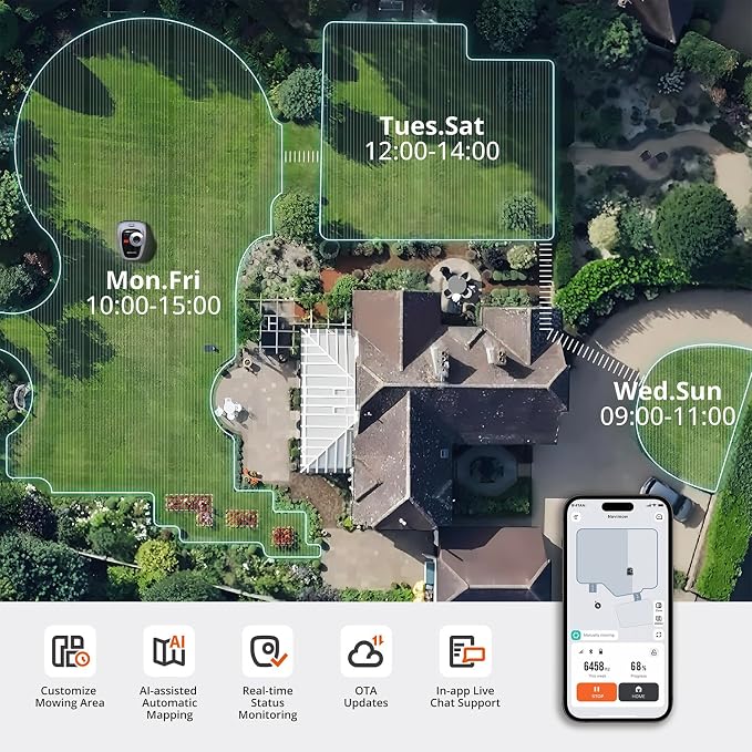 Segway Navimow i105N Robot Lawn Mower Perimeter Wire Free 1/8 Acre RTK+Vision Robotic Lawnmower, AI-Assisted Mapping, Virtual Boundary, APP Control, 58dB(A) Quiet, Multi-Zone Management - Image 5