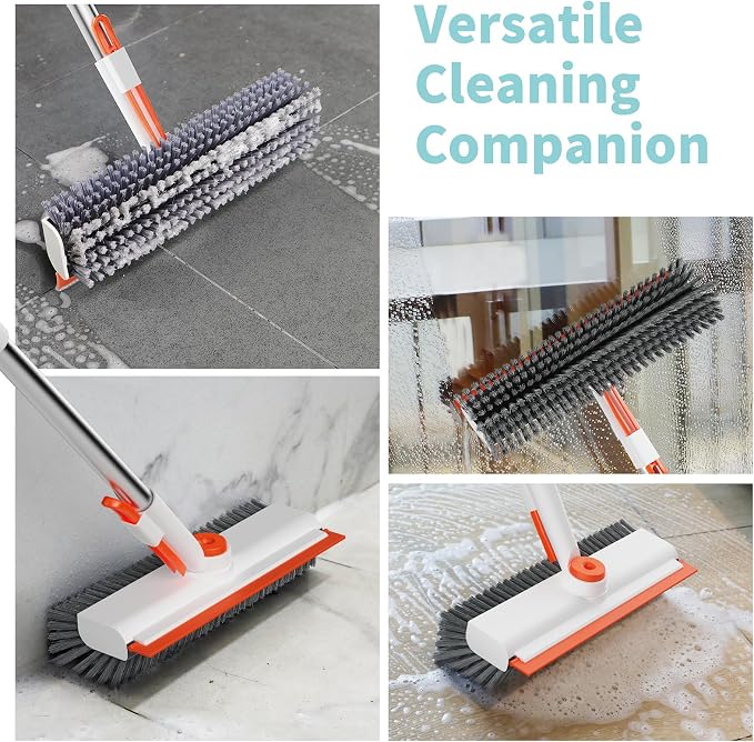 AIR U+ Floor Scrub Brush with Long Handle, 3 in 1 Scrape and Heavy-Duty Stiff Bristle Scrubber Brush for Cleaning Shower Bathroom, Patio, Pool, Garage, Kitchen, Wall and Deck, White and Orange - Image 4