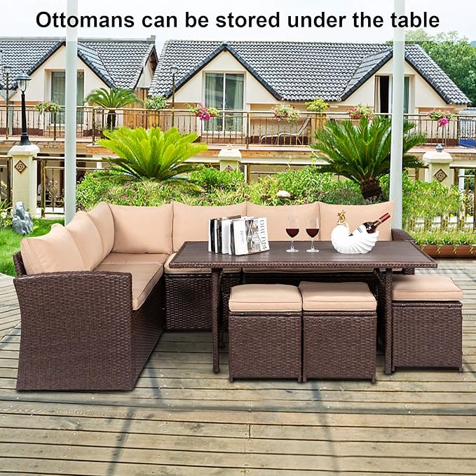 VINGLI 8 Pieces Outdoor Patio Furniture Set with Dining Table&Chairs, Wicker Patio Dining Set for 8, All Weather Outdoor Sectional Sofa Conversation Set with Ottoman
