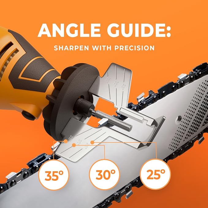 Sharp Pebble Electric Chainsaw Sharpener Kit - Comes with Chain Saw Sharpener Tool, 4 File Size Sharpening Wheel Bits, Angle Attachment, Wrench & eBook - Image 4