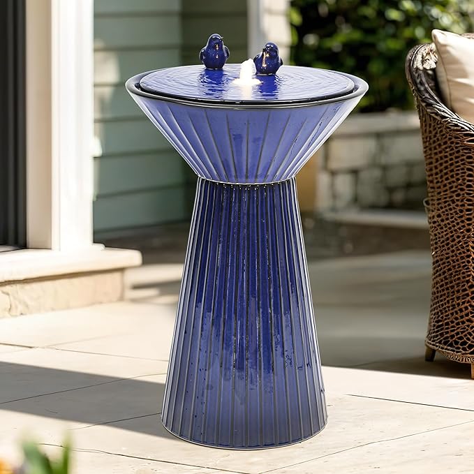 28" Tall Ceramic Outdoor Fountain and Waterfalls, Patio Fountain with LEDs, Birdbath for Outside, Soothing Water Feature for Relaxing Front Porch, Garden, Backyard, Cobalt Blue, 2KD Birds