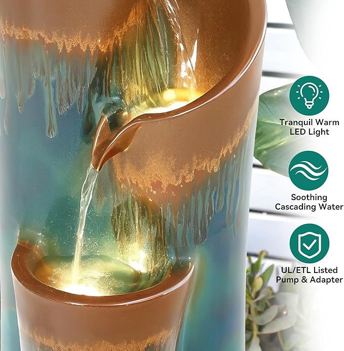 32" H Ceramic Outdoor Water Fountain with LED Lights, 3-Tier Cascading Sphere Water Feature, Tranquil Waterfall for Relaxing Garden, Patio, Yard, or Porch, Teal & Copper Drip-Glaze Finish