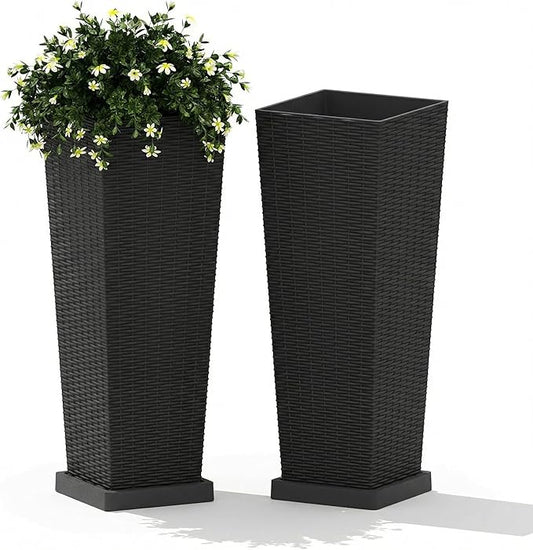 2 Pack Large Planters for Indoor Outdoor Plants, 24 inch Outdoor Planters for Porch with Drainage Holes & Saucers, Plastic Planters for Outdoor Plants, Flower Pots for Trees, Patio, Garden, Black