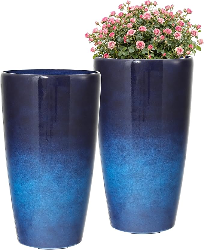 22.8" H Gradient Blue Planters for Outdoor Plants, Set of 2 Large Flower Pot with Drainage Hole, Weather-Resistant for Porch,Garden,Patio or Indoor Use