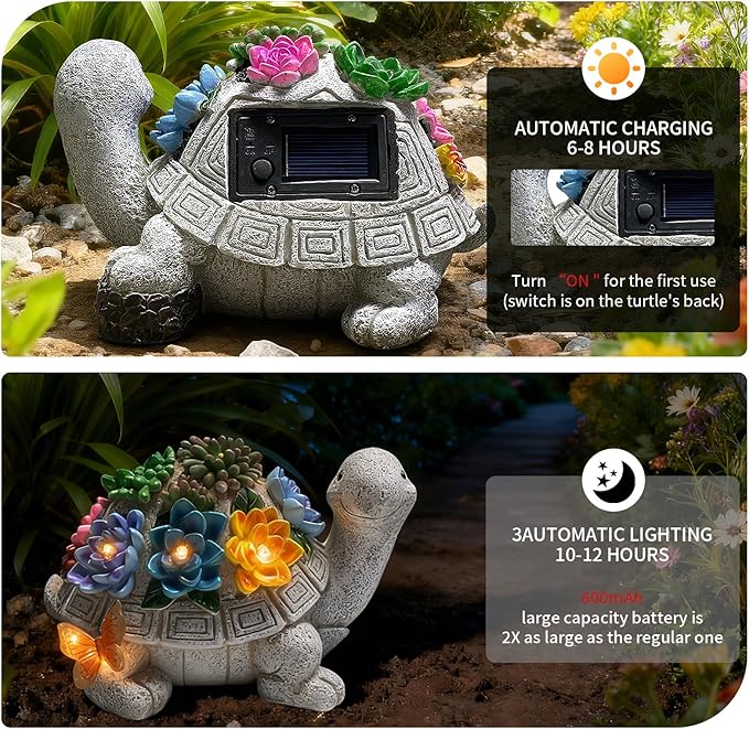 Solar Turtle Garden Statue with 7 LED Lights-Outdoor Decorative Tortoise Figurine Lighting for Patio,Yard,Lawn-Waterproof Animal Statue,Unique Home Garden Decor Unique Housewarming Gifts