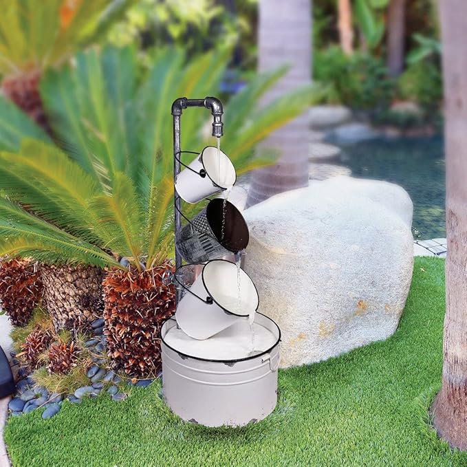 Alpine Corporation MCC594 33" Indoor/Outdoor Floor Vintage Metal Pails Fountain – Tiered Pails Garden Fountain, Water Feature for Patio, Garden, Yard, and Outdoor Spaces, Rustic Cream