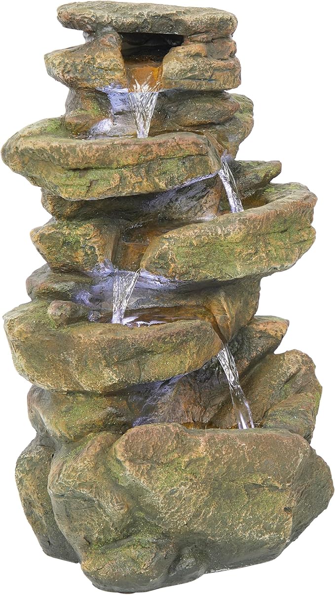 Alpine Corporation 20" H Outdoor Multi-Level Rock Floor Fountain with LED Lights, Brown