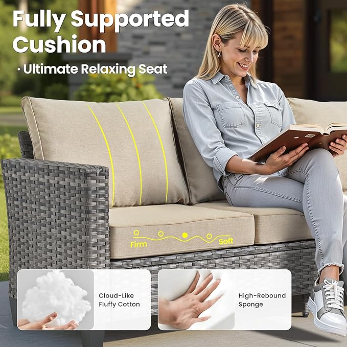 ovios Patio Furniture Set, 6 Pieces Outdoor Wicker Sofa Couch with Loveseat, Ottomans and Comfy Cushions, All Weather High Back Rattan Conversation Set, Beige
