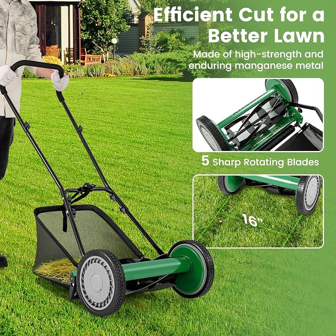 16-inch 5-Blade Push Reel Lawn Mower, Walk-Behind Grass Cutter w/Removable 7 Gallon Grass Catcher Bag & Adjustable Cutting Height, Cordless Manual Lawn Mower for Garden, Lawn, Yard (Green) - Image 3