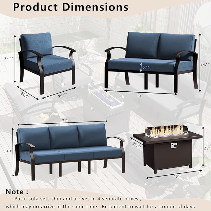 Patio Furniture Set 5-Piece Aluminum Armrest Sofa, Modern Outdoor Living Room Set with 55000 BTU Propane Aluminum Fireplace, Outdoor Rotary Joystick with Thick Cushion