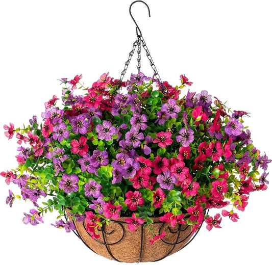 HyeFlora Artificial Faux Hanging Plants Flowers Basket for Spring Summer Outdoor Outside Decoration, Fake Silk Colorful Daisy Eucalyptus in Planter UV Resistant Realistic for Porch Patio Balcony Yard by HyeFloraartificialflowers