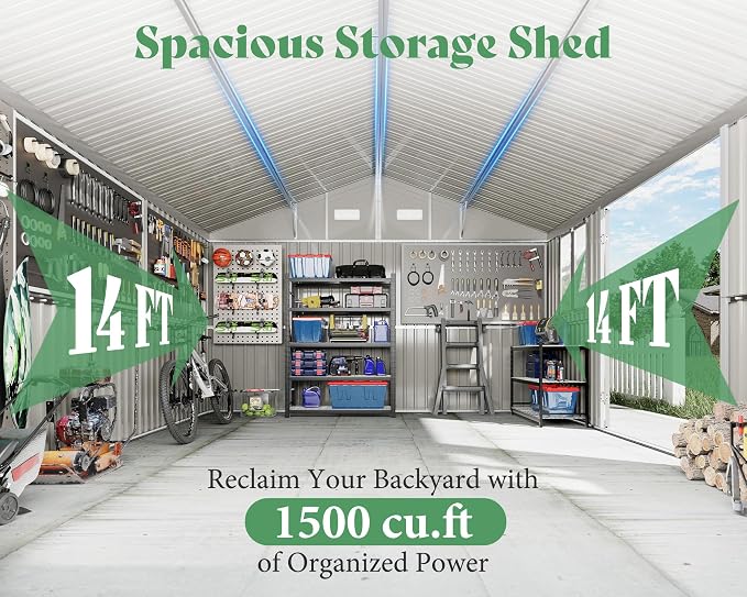 VanAcc 12 x 14FT Outdoor Storage Shed with a Lockable Hinged Door and 2 Windows, Nordic Cottage Metal Shed for Backyard, Garden, Patio, Dark Grey/White - Image 4