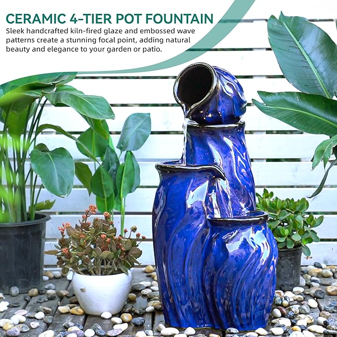 29" Ceramic Water Fountain Outdoor, 4-Tier Dynamic Wavy Outdoor Fountain with Artistic Cobalt Blue Glaze, Decorative Water Feature, Cascading Waterfalls for Serene Garden Patio Yard Porch Decor