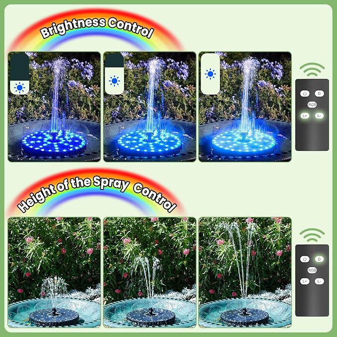 Yzert Remote Solar Fountain Adjust Spray Height with Fantastic Colorful Lights, 2026 6W Solar Bird Bath with 4000 mAh Battery, Solar Water Fountain Pump for Outdoor, Garden Decor, Pond, Pool (54LEDs)