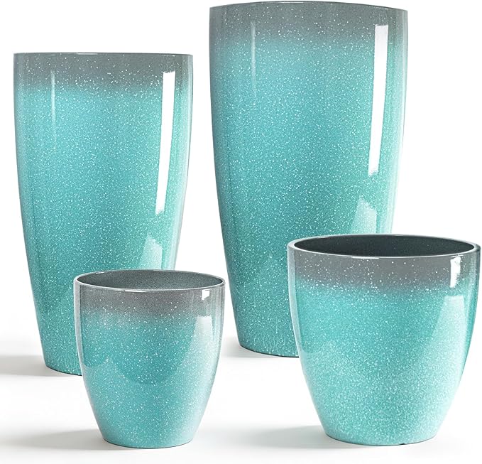 ZMTECH 24/21/12/10" H Large Plastic Planters with Drainage Hole and Saucer -Set of 4 Tall Lightweight Flower Pot for Front Porch Patio Deck,Sky Blue with White Spots