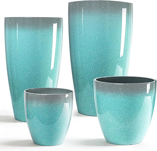 ZMTECH 24/21/12/10" H Large Plastic Planters with Drainage Hole and Saucer -Set of 4 Tall Lightweight Flower Pot for Front Porch Patio Deck,Sky Blue with White Spots
