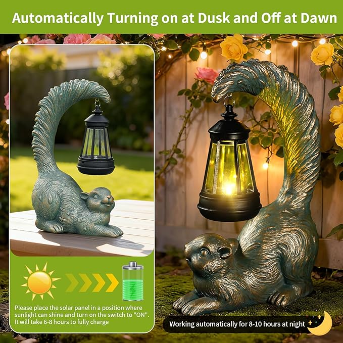 Solar Garden Statues Decor Squirrel with LED Lantern ,Outside Solar Squirrel Decor for Garden,Home,Lawn,Yard, Balcony Ornament- Unique Housewarming Gifts