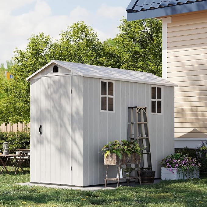 Patiowell 4x8 FT Plastic Outdoor Storage Shed with Floor, Garden Tool Resin Storage Shed with Two Windows and Single Lockable Door for Garden, Backyard, Lawn, Easy to Install, Light by Patiowell
