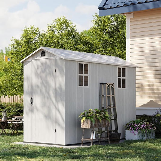 Patiowell 4x8 FT Plastic Outdoor Storage Shed with Floor, Garden Tool Resin Storage Shed with Two Windows and Single Lockable Door for Garden, Backyard, Lawn, Easy to Install, Light by Patiowell
