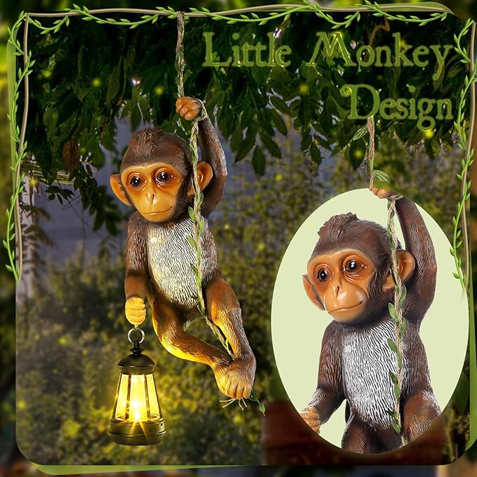 Solar Light Outdoor Monkey Statues Brown 13.78 Inch Resin Chimpanzee Baby Monkey Climbing on Vine with LED Lantern Waterproof Hanging Figurine with Hook for Yard Garden Wall