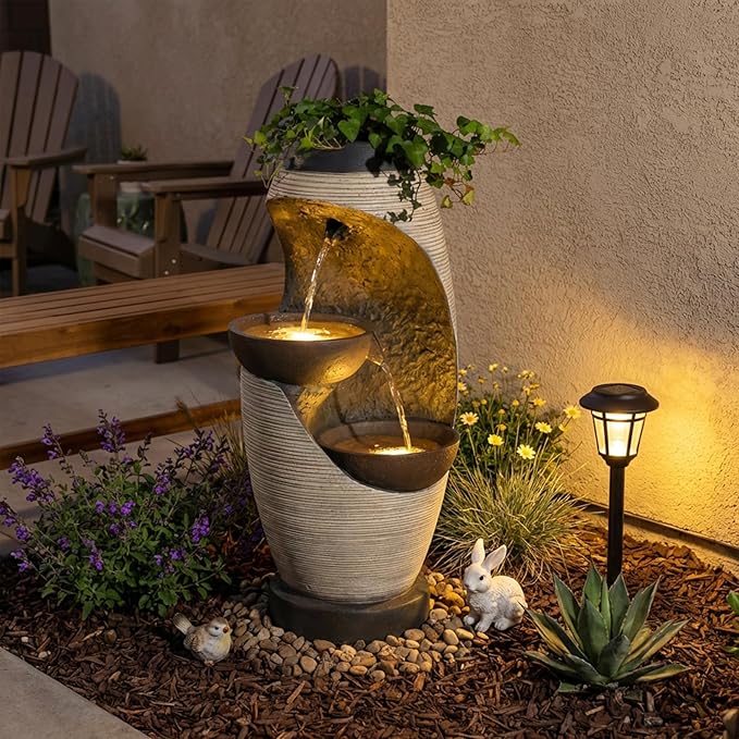 2-Tier Bowl Water Fountain with LED Lights, 27.95" Tall Freestanding Outdoor & Indoor Garden Waterfall Fountain for Yard, Patio, Backyard, Floor Standing Home Decor