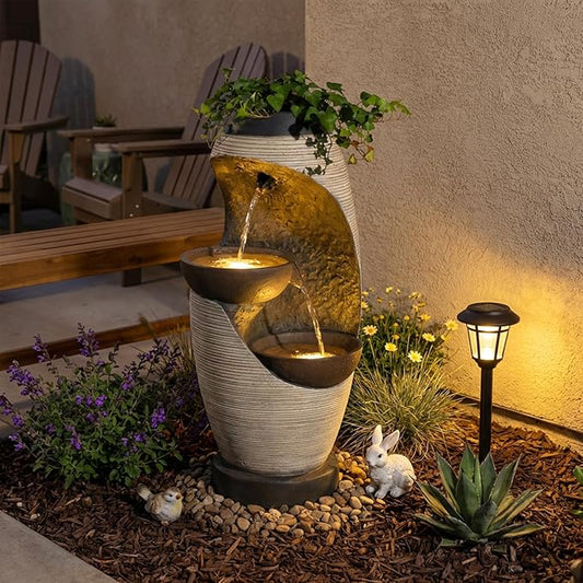 2-Tier Bowl Water Fountain with LED Lights, 27.95" Tall Freestanding Outdoor & Indoor Garden Waterfall Fountain for Yard, Patio, Backyard, Floor Standing Home Decor