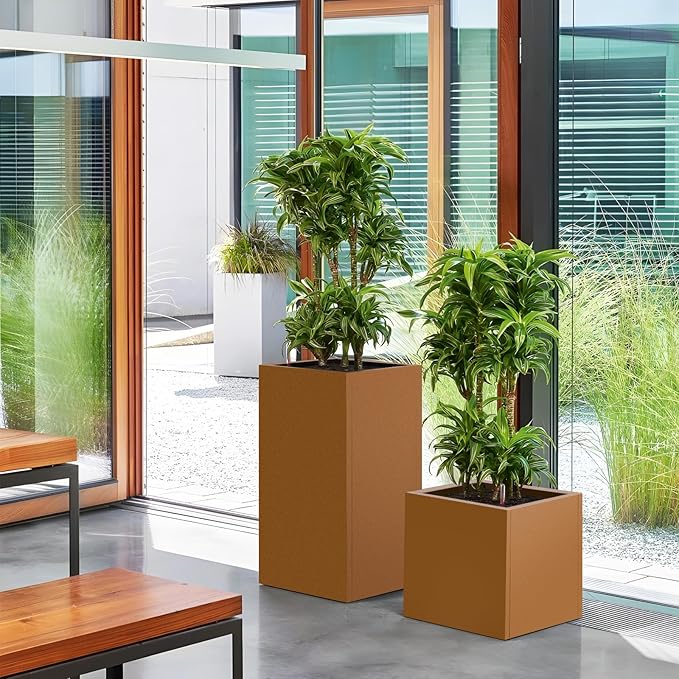20"x20"x21" Corten Steel Planter Box, Rustic Metal Planter with Drainage Holes, Rust & Weather Resistant for Patio Garden Indoor Outdoor Commercial Use