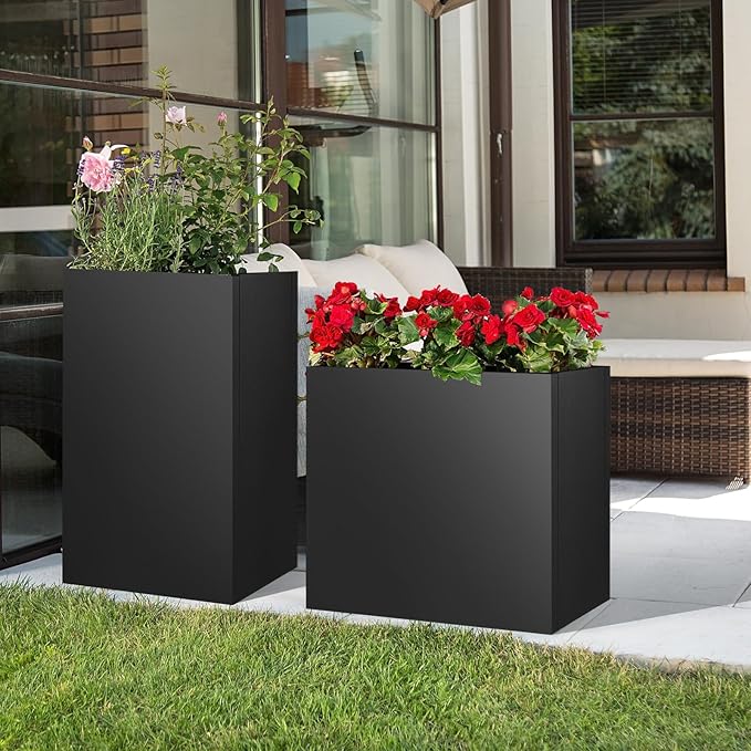 28"x12"x28" Large Metal Planter Box, Heavy-Duty Rust Resistant Steel Planter with Drainage Hole, Modern Rectangular Planter for Outdoor Indoor Patio Garden Yard (Black)