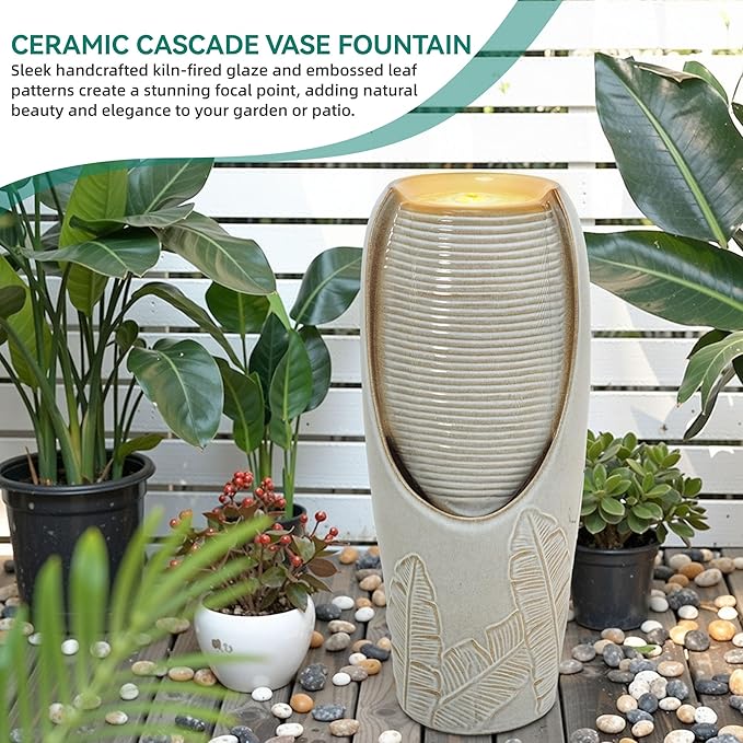 32" H Outdoor Garden Fountain with LED Lights, Modern Ceramic Jar Water Feature, Tropical Leaf Embossed Pattern, Beige Glaze, Soothing Cascading Waterfall for Patio, Yard, Porch