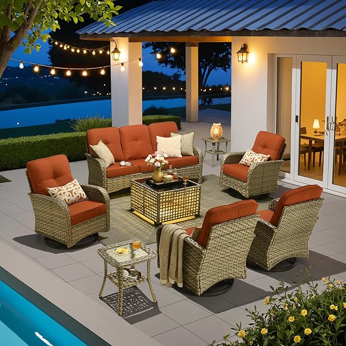 HOOOWOOO Outdoor Patio Furniture Set with Light Table,8 Pieces Wicker Conversation Set,All Weather High Back Couch Sofa Swivel Chairs Set,Orange Red