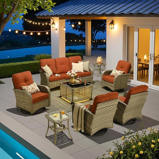 HOOOWOOO Outdoor Patio Furniture Set with Light Table,8 Pieces Wicker Conversation Set,All Weather High Back Couch Sofa Swivel Chairs Set,Orange Red