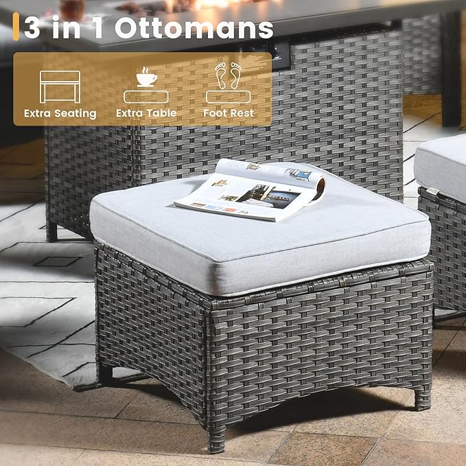 HOOOWOOO Patio Furniture Set,7 Piece Outdoor Furniture,Wicker Patio Conversation Couch Chairs Ottoman Set,Light Gray