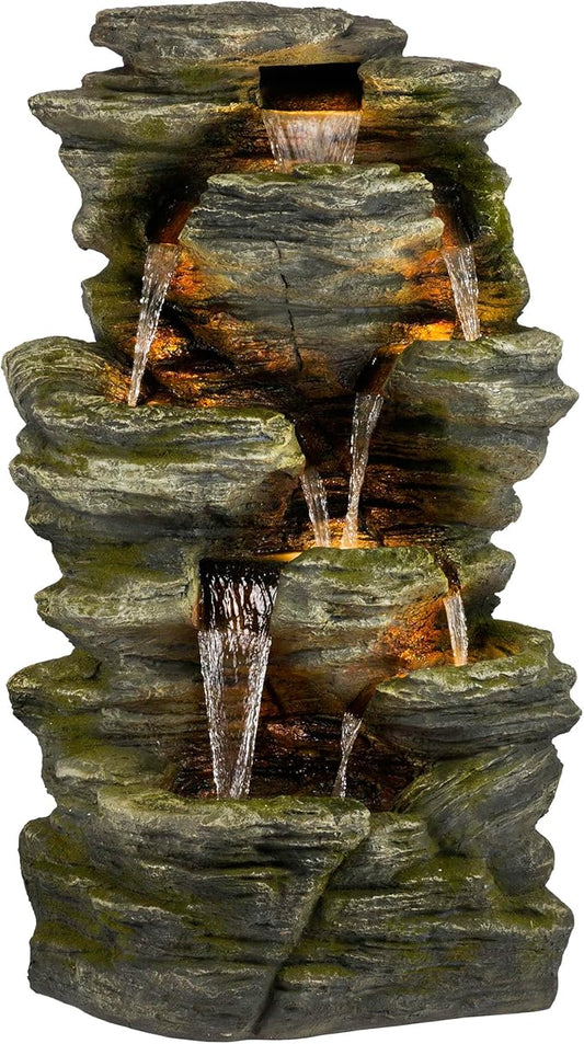 Alpine Corporation WIN1092 Outdoor Multitiered Rock Waterfall Floor Fountain with Warm White LED Lights, 51" Tall, Brown