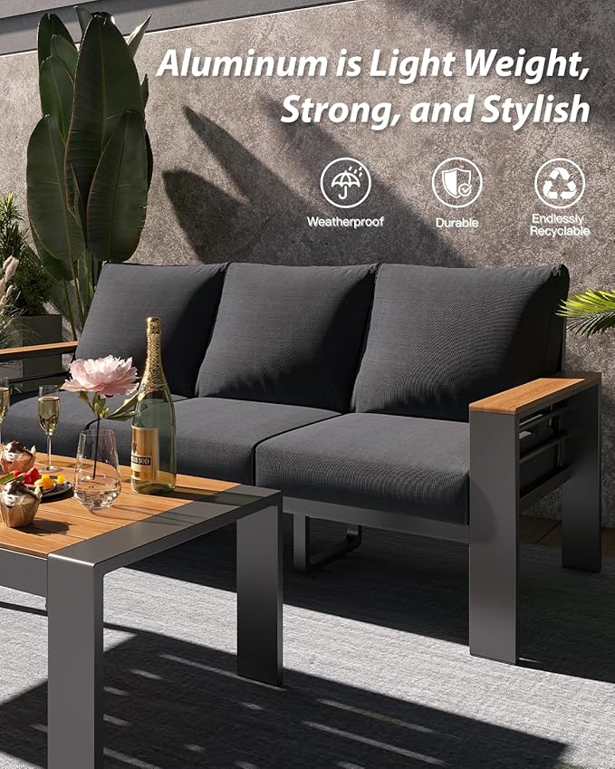 Aoxun Aluminum Outdoor Patio Furniture Set, 7 Seats Outdoor Sectional with Coffee Table, Patio Conversation Sets with Upgraded Armrests and Cushions for Backyard, Garden and Poolside（Dark Grey）