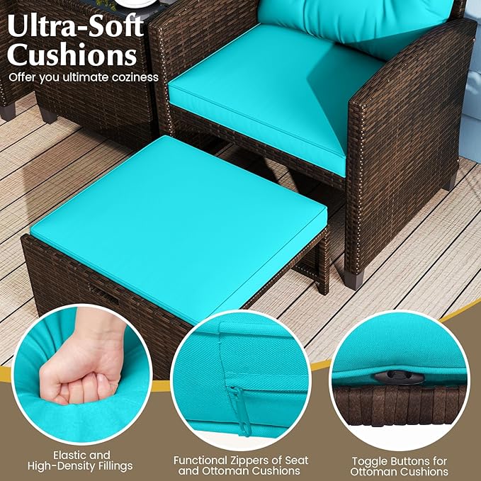 KOTEK 5 Pieces Patio Furniture Set with Ottomans, Wicker Patio Conversation Set with Coffee Table & Cushions, PE Rattan Outdoor Lounge Chairs for Backyard, Porch, Poolside (Mix Brown- Turquoise)