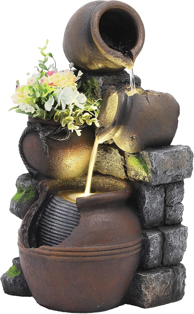 Outdoor Cascading Rock Water Fountain, 4-Tiers Fountains and Waterfalls with LED Lights, Indoor Freestanding Resin Waterfall Feature w/Pump for Patio, Garden, Backyard, Deck, Porch, Home Decor