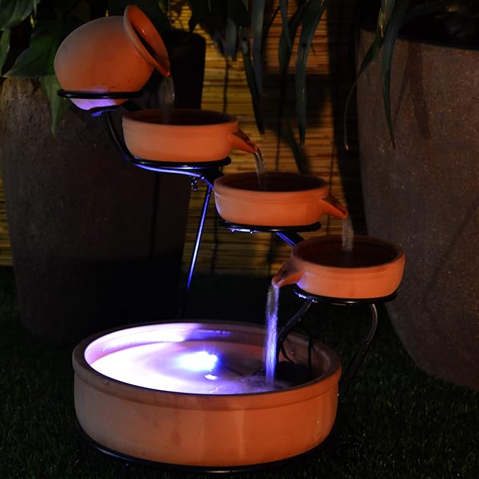 ASC Cascade Ceramic Solar Water Fountain Bowls 5 Tierd with Panel Pump Cascading Garden Decoration Bird Iron Frame (Terracotta with Battery and Led)