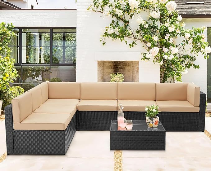U-MAX 7 Piece Outdoor Patio Furniture Set, PE Rattan Patio Wicker Sectional Furniture Chair Set with Cushions and Tea Table, (Black Rattan&Beige Cushion)