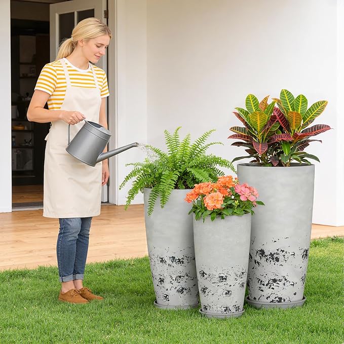 QCQHDU 24, 21, 18 inch Tall Planters for Outdoor Plants, with Drainage Hole & Saucer, Set of 3 Tall Outdoor Planter for Indoor & Outdoor Plants, Modern Home Decor