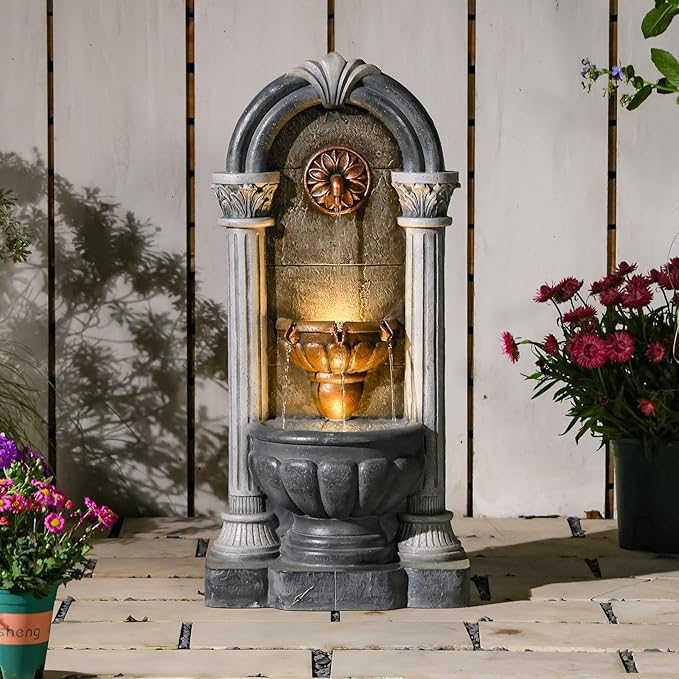 Wall Fountain Outdoor with LED Lights, 33.36” H Freestanding Garden Outdoor Water Fountain, Large Floor Standing Patio Outdoor Water Fountain, European Resin Flat Back Yard Courtyard Porch Déco