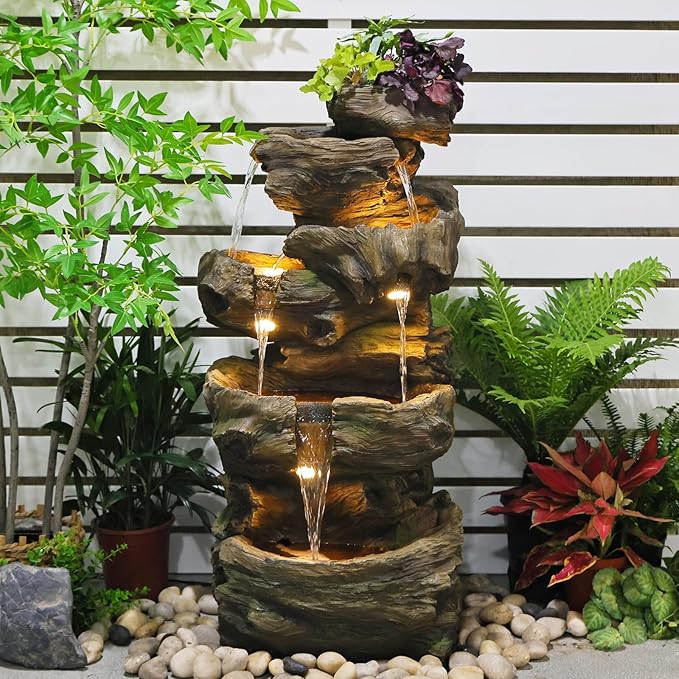 40.5" H Outdoor Water Fountain 5 Tiers Large Cascading Wooden Imitative Wood Natural Waterfall Outdoor Fountain Resin Imitation Wood with LED Lights for Garden, Patio, Porch