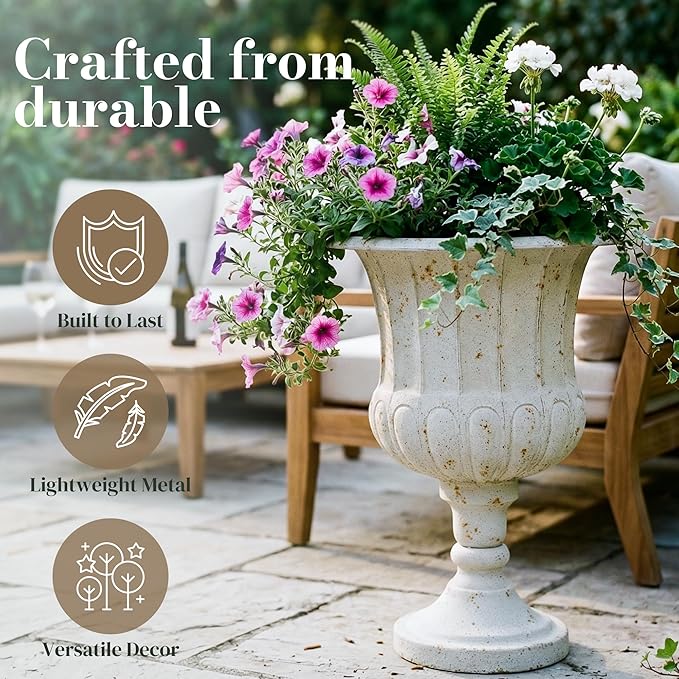Worth Garden 25" H. Metal Urn Planters 2-Pack - White Classic Antique Iron Plant Pots - Large Decorative Rustic Flower Pots for Outdoor Use - Traditional Urn Planter for Patio, Front Porch