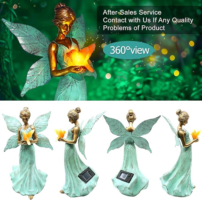 Solar Fairy Garden Statue Decor - 10 Inch Angel Girls Resin Figurine Waterproof Home Decoration with Hummingbird LED Lights for Bedroom Balcony Table Yard Patio, Gifts for Women Mom Grandma Birthday
