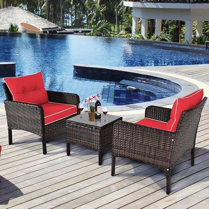 Tangkula 3 Piece Outdoor Patio Furniture Set, Wicker Chairs Set with Glass Top Coffee Table, Thick Cushions, All Weather Garden Lawn Poolside Backyard Porch Furniture Set for 2 (Red)