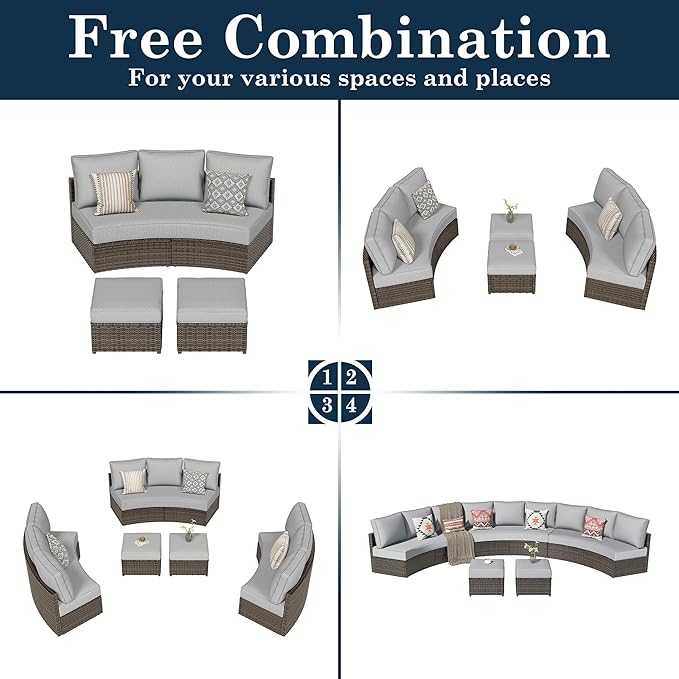 11 Piece Outdoor Patio Furniture Set, Half Moon Patio Sectional Set with Soft Cushions and Ottoman, All Weather Rattan Wicker Curved Outdoor Sofa for Backyard Patio Garden