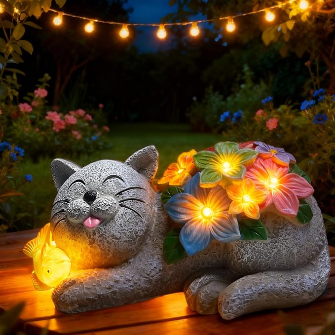 Solar Garden Outdoor Statues Cat Figurine Lights - Yard Decorations for Patio,Balcony,Lawn Ornaments - Unique Housewarming and Birthdays Gifts for Mom Women